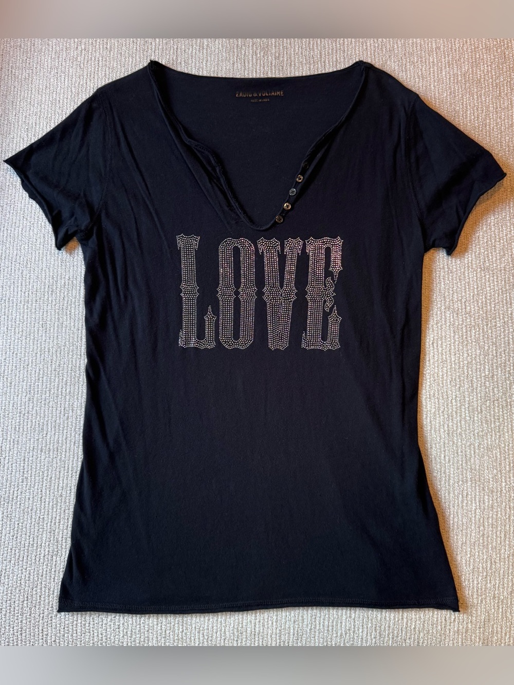 Zadig & Voltaire Black Short Sleeve T-Shirt Love Rhinestones Size Womens Medium